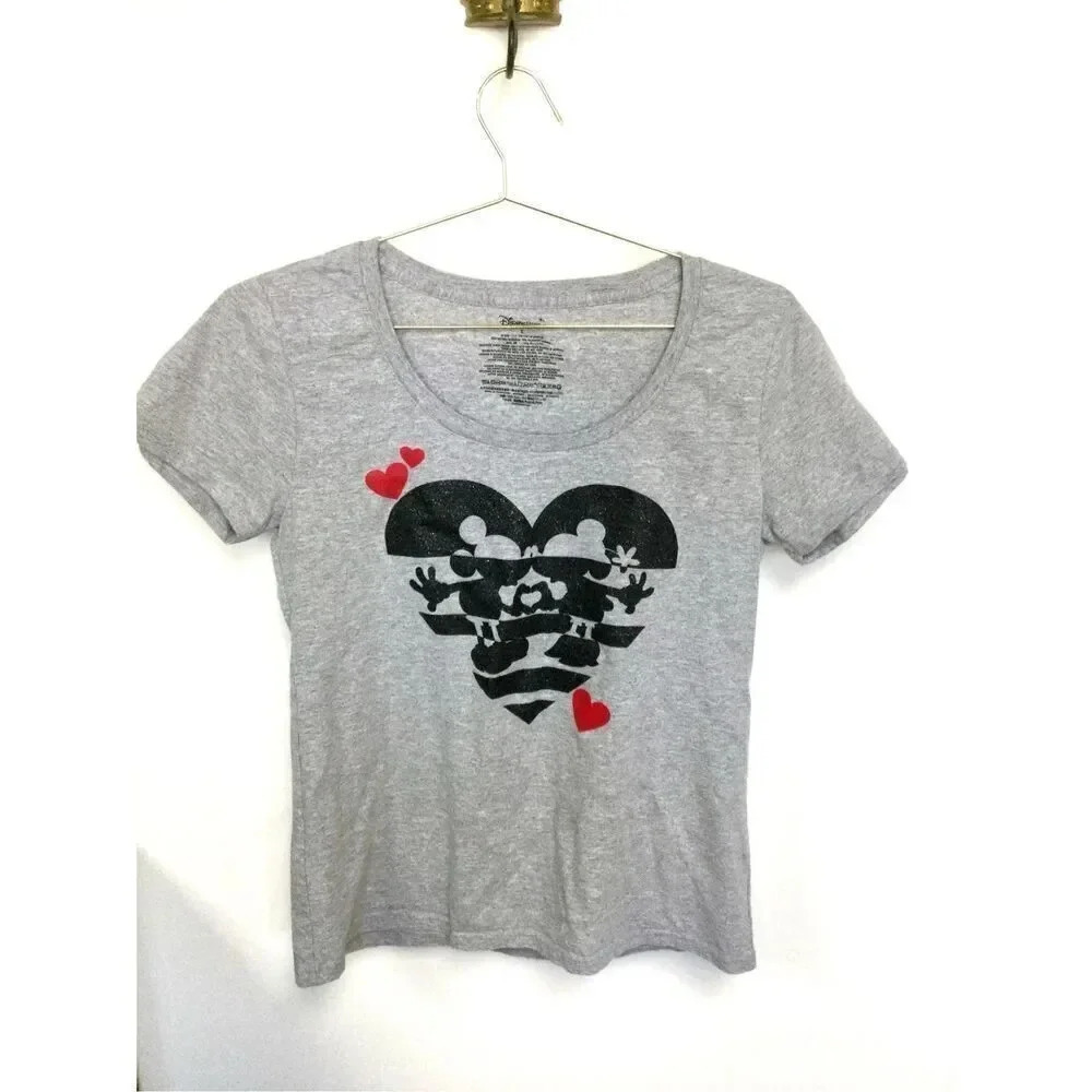 Disney Store Mickey Minnie Mouse Heart Glitter Graphic Tee Gray Womens L
